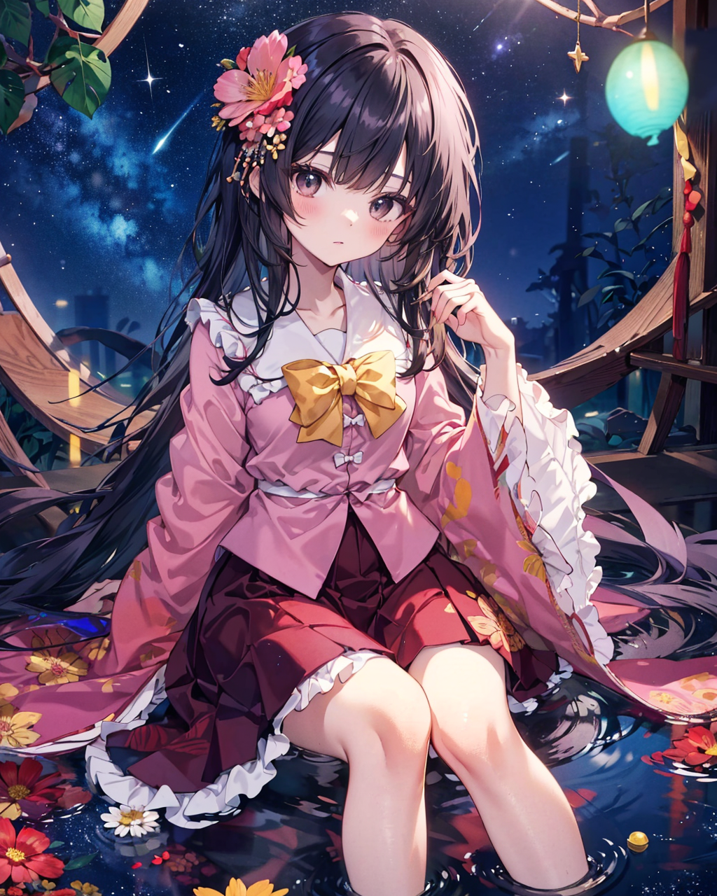 55889-4108612809-houraisan kaguya, 1girl, solo, red skirt, pink shirt, long sleeves, hair ornament, hair flower, wide sleeves, flower, black eyes.png